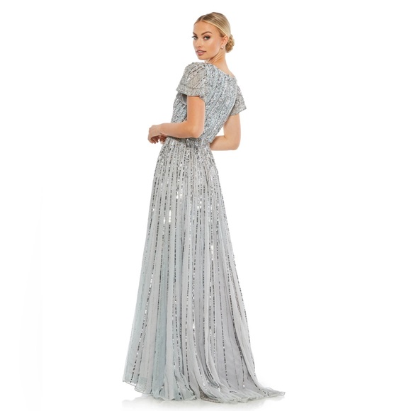 Cap sleeve embellished A-line blue slate gown - Picture 3 of 4